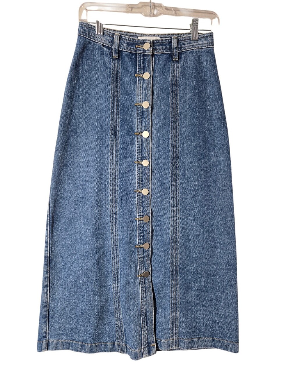 OAK + FORT Button Front Denim Midi Skirt Medium Wash Jean A-Line Cotton XS
